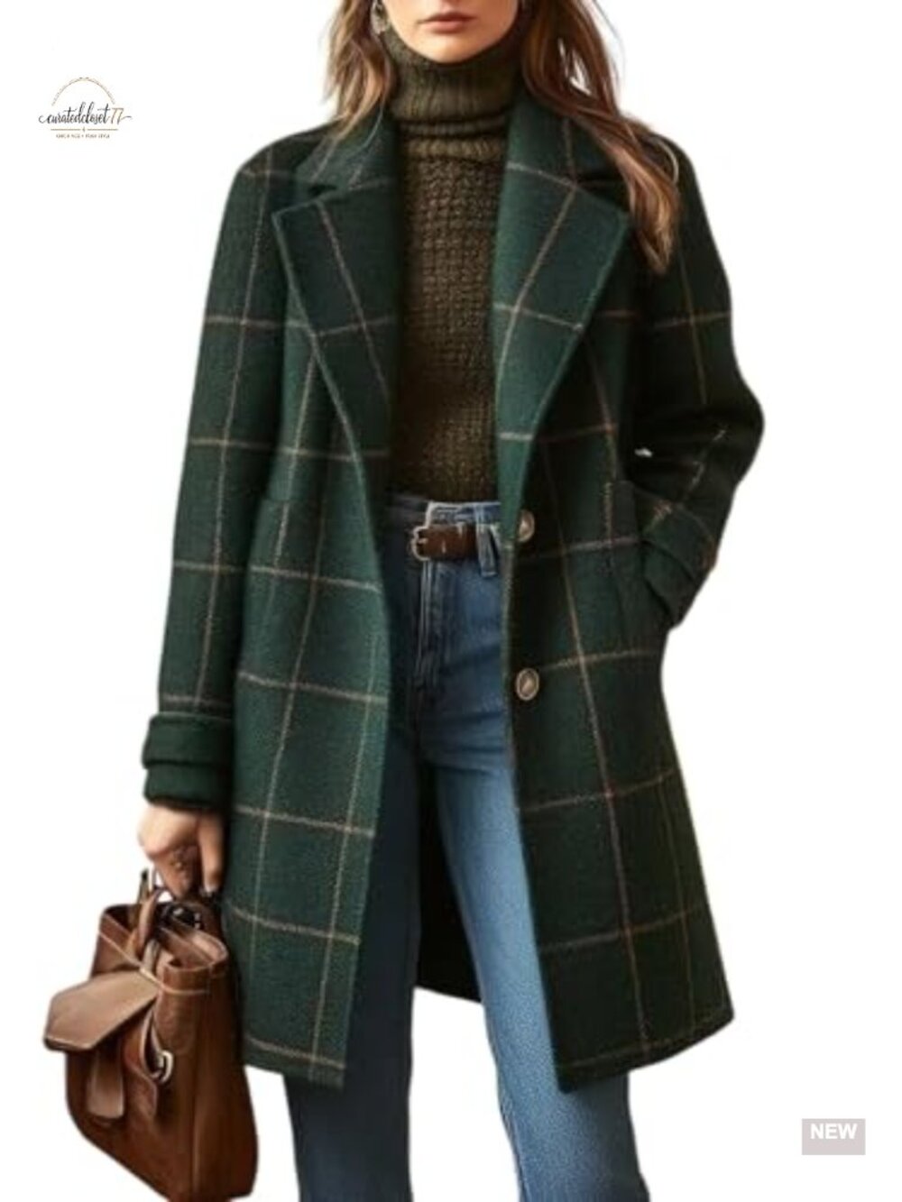 Womens Plaid Wool Trench Coat Notch Collar Button Down Mid Long Overcoat